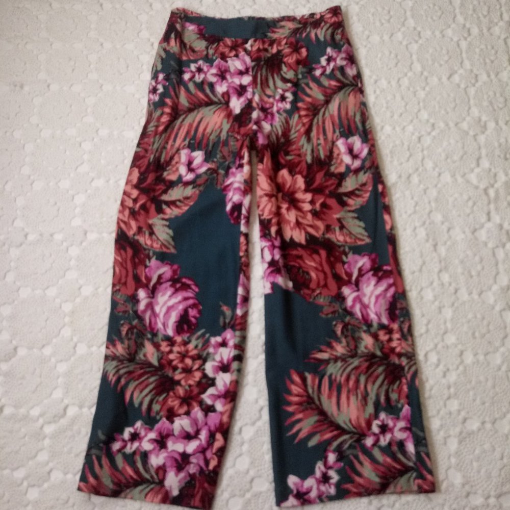 Soft Surroundings Wide Leg Pants Tropical Floral Pink Blue Rayon Medium Women M